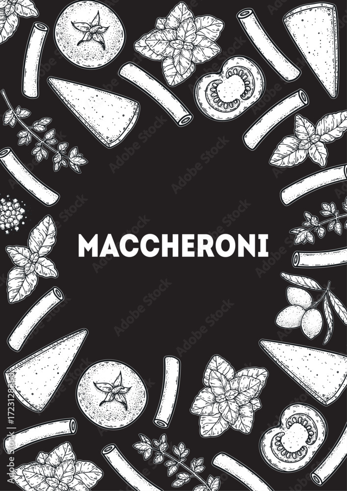 Obraz premium Traditional Italian pasta sketch. Maccheroni frame. Italian food. Staple food. Hand drawn vector illustration. Background for packaging, menu. Top view. Not AI