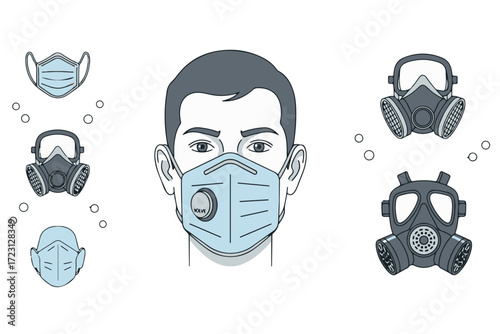 Various protective face masks and respirators isolated on Transparent Background