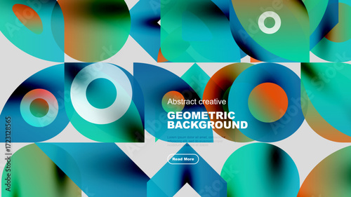 Abstract geometric shapes overlap, creating vibrant blue, green, orange gradients. Text promotes background design, inviting further exploration.