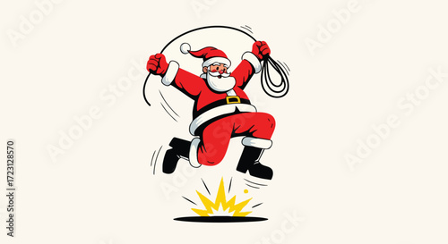 Santa Claus leaps into action with festive holiday cheer, ready to lasso Christmas spirit and spread joy with a playful, energetic vibe