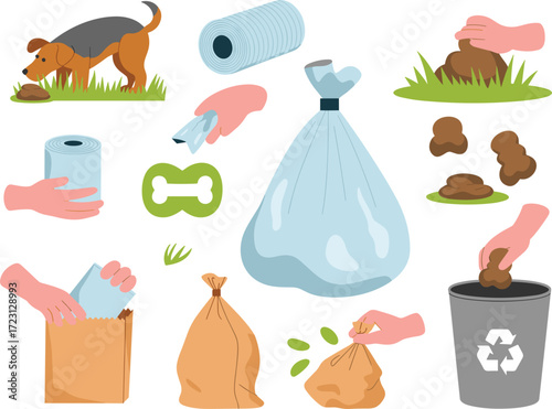 Dog waste cleanup supplies and actions on a white background poop scooping
