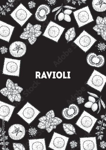 Traditional Italian pasta sketch. Ravioli frame. Italian food. Staple food. Hand drawn vector illustration. Background for packaging, menu. Top view. Not AI