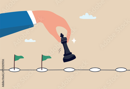 Strategic planning process, business or work progress achievement, journey, step to success, career development, timeline or winning solution concept, businessman move chess king step to achievement.