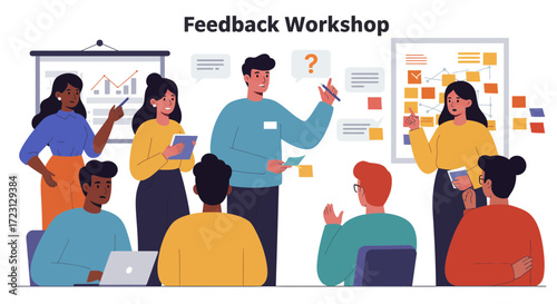 Diverse group of people participating in a feedback workshop session.