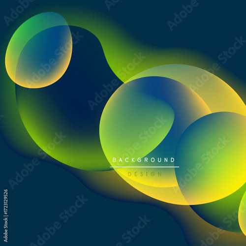 Abstract fluid shapes overlap, creating vibrant gradients. Yellows, greens, blues blend smoothly. Modern design element.