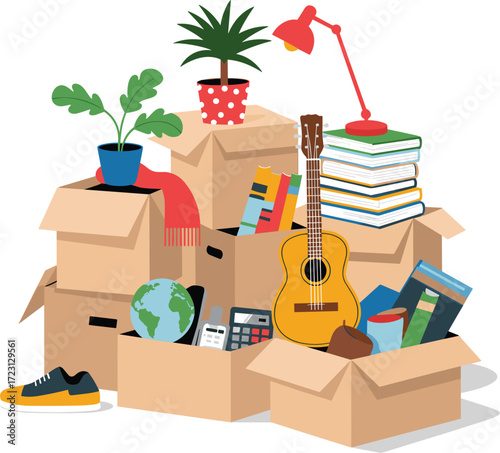 Pile of Cardboard Moving Boxes Filled with Household Items and Plants Keywords: moving, boxes