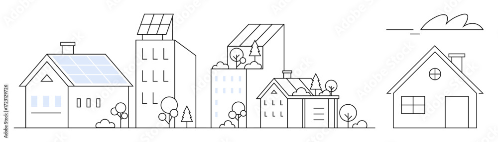 Fototapeta premium Urban and suburban buildings featuring solar panels, trees, and greenery, promoting sustainability. Ideal for renewable energy, eco-living, sustainable architecture, urban planning, green cities