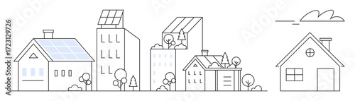 Urban and suburban buildings featuring solar panels, trees, and greenery, promoting sustainability. Ideal for renewable energy, eco-living, sustainable architecture, urban planning, green cities