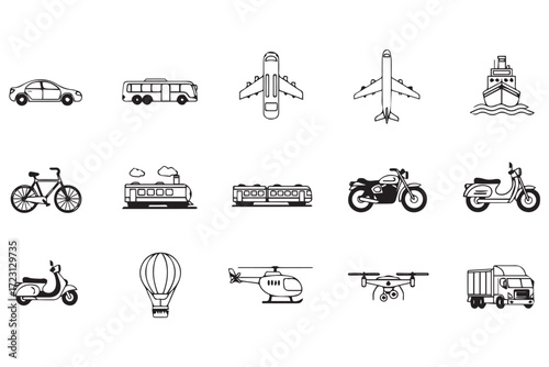 Collection of various transportation vehicle icons isolated on Transparent Background