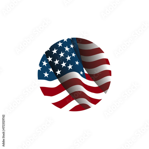 Circular American flag design, waving stripes and stars, patriotic emblem.