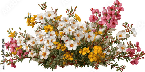 
A large white flowering bush with pink and yellow flowers, a PNG clipart image, a cutout of flowers, detailed and realistic, on a white background with no shadow