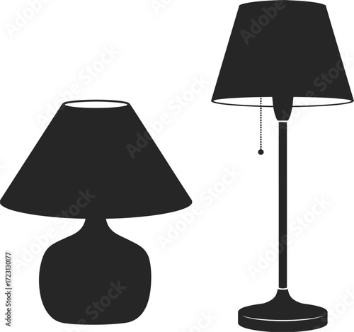 Silhouettes of a table lamp and a floor lamp lighting light