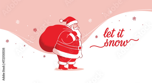 Joyful Santa Claus with gift sack spreading holiday cheer amidst gentle falling snow and festive greetings