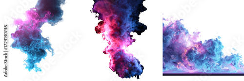 Set of Colorful smoke art in luminous blue and purple tones, billowing upward in flowing patterns, black table base on transparent png background. Ai generated