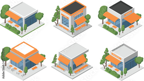 Six Isometric Illustrations Of Modern Storefront Buildings With Outdoor Seating shop business