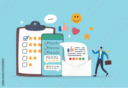 Customer survey, feedback to improve service, online and offline survey, review or poll rating, user satisfaction report or questionnaire concept, man with survey on clipboard paper, mobile and email.