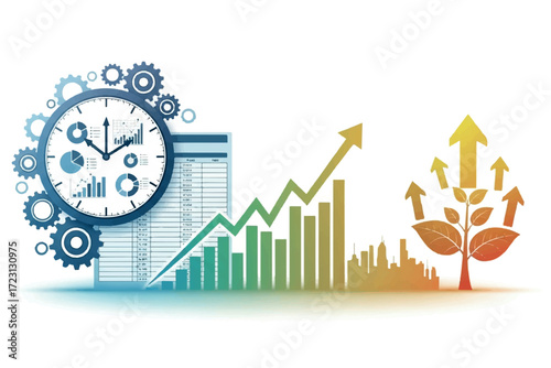 Business growth concept with clock, charts, and rising plant