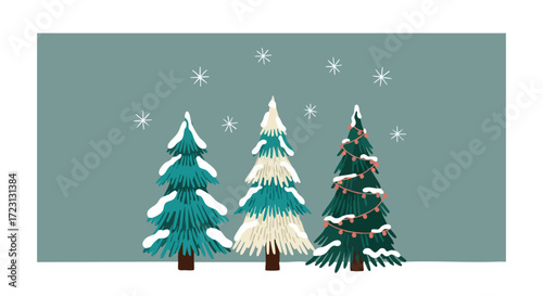 Charming Christmas trees with snowfall background perfect for holiday cards and seasonal greetings, creating festive and joyful atmosphere, snow covered