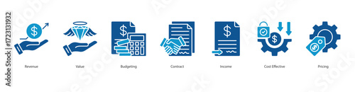 Pricing Strategy color banner web icon set vector illustration concept with icon of revenue, value, budgeting, contract, income, cost effective, pricing