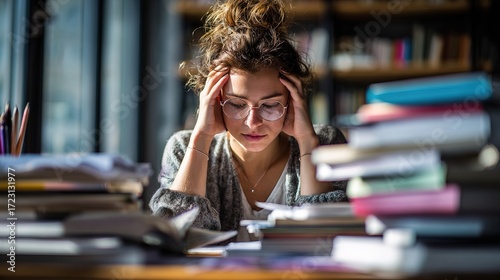 Stressed woman preparing lesson plans at home study environment high-pressure situation close-up view educational content creation
