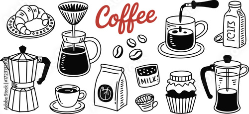 coffee illustration, pour-over maker, espresso pot, milk carton, croissant, cupcake, beans, French press, café treats, breakfast