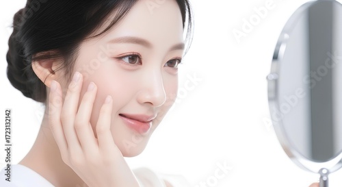 鏡、肌、女性、黒髪