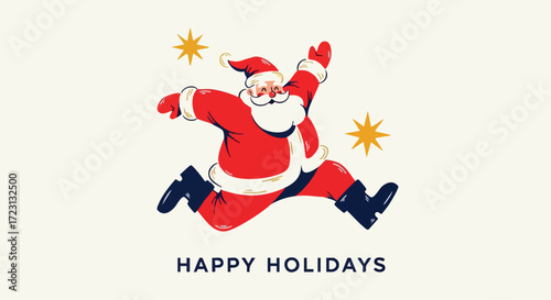 Cheerful Santa Claus leaping with joy, perfect for festive holiday greetings, invitations, and seasonal marketing campaigns with a touch of vintage charm