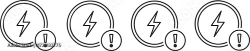 Illustration of four warning icons with lightning bolt and exclamation mark isolated on white background