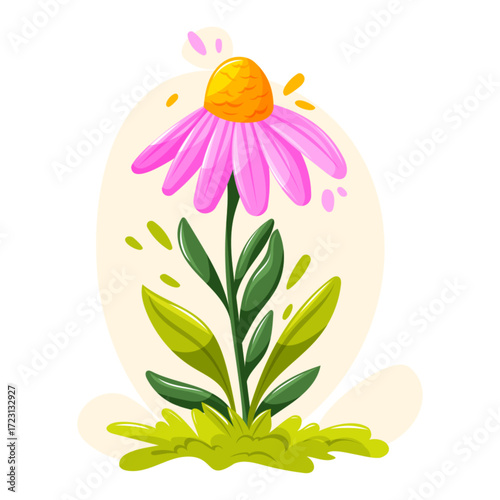 Bright pink flower with green leaves. Cartoon vector illustration for garden, nature, spring and floral design.