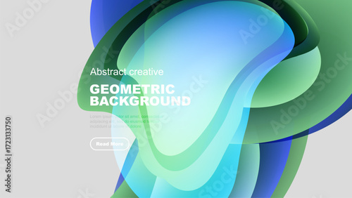 Abstract geometric background features flowing shapes, vibrant colors, text, button. Modern design, gradients create dynamic visual effect.