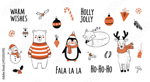 Adorable cartoon Christmas animals like polar bear, penguin, fox, and reindeer bring festive cheer with holiday greetings and ornaments