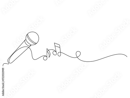 Microphone with musical notation in a line art style. Illustration continuous line vector eps 10