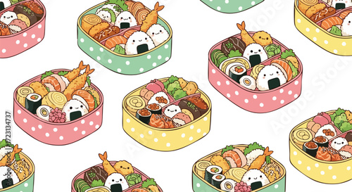 Colorful bento boxes filled with sushi, tempura, and rice balls create a cheerful, playful pattern perfect for food blogs and cute kawaii designs