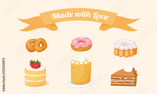 Cute bakery dessert set with cakes and donuts illustration
