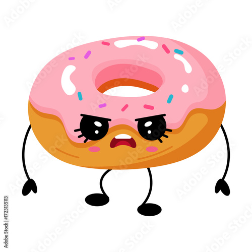 Angry kawaii donut cartoon with pink glaze and sprinkles