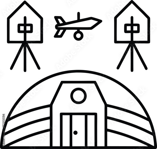 futuristic farm with drones line art illustration