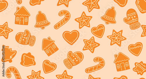 Festive gingerbread cookies pattern design for Christmas holidays, perfect for backgrounds and wallpapers, with houses, stars, and hearts creating a cozy vibe