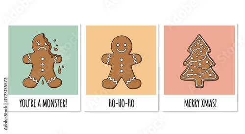 Whimsical gingerbread man trio with funny holiday greetings perfect for festive cards and decorations