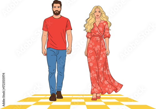 Man and Woman Walking Together in Stylish Outfits on Checkered Floor – Fashion Couple Vector Illustration for Lifestyle Design