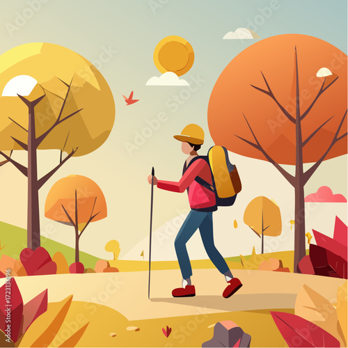 Trekking Hiking Walk in Park Vector Illustration
