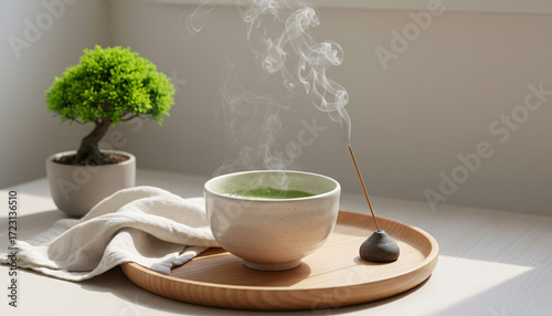 Matcha tea in steaming cup on wooden tray, incense smoke, linen napkin and potted plant in sunlight, clean Japanese minimalist aesthetic for wellness and balance