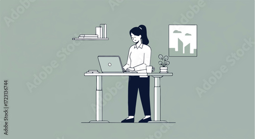 Vector art of a woman working on a laptop at a standing desk in a modern office setting, with minimalist decor including shelves and a potted plant, conveying productivity and a healthy work environme