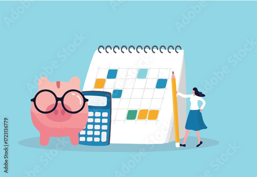 Monthly cost or budget, expense to pay bill, mortgage or debt, plan for savings or investment, money management or credit card payment, smart woman plan her monthly budget with calendar and piggybank