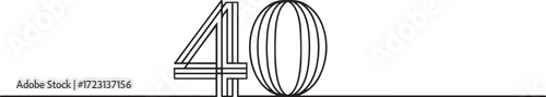 Minimalist continuous one line drawing of number 40 in modern geometric black and white style illustration on white background