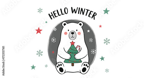 Adorable polar bear wishing you hello winter while holding a cute Christmas tree surrounded by snowflakes and stars for holiday greetings