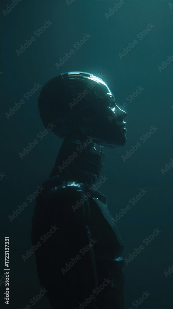 Naklejka premium Robotic Figure: A sleek, dark humanoid robot gazes upwards in a dim, futuristic setting. Eerie luminescence.