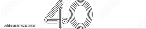 Minimalist continuous one line drawing of number 40 in modern geometric black and white style illustration on white background