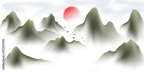 Modern design vector illustration of beautiful Chinese ink landscape painting.