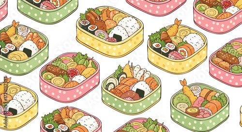 Delicious bento box assortment with sushi, tempura and rice balls for lunch or picnic in eye-catching pastel colors and playful polka dots