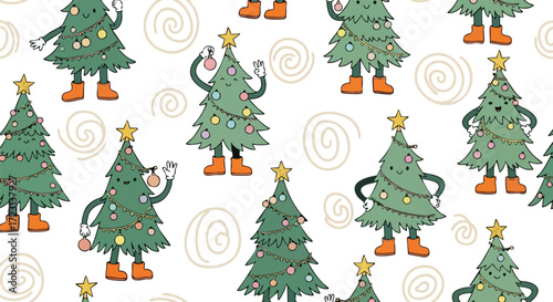 Joyful Christmas trees with cheerful faces bring festive spirit and holiday cheer to whimsical winter designs, perfect for seasonal decorations